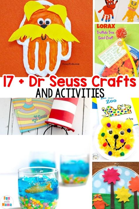 Dr Seuss Crafts and activities for toddlers, preschoolers and kindergarten students. via @funwithmama Lorax Craft, Kids Birthday Crafts, Dr Seuss Activities, Dr Seuss Crafts, Seuss Crafts, Dr. Seuss, Dr Seuss Week, Dr Seuss Day, Columbus Day