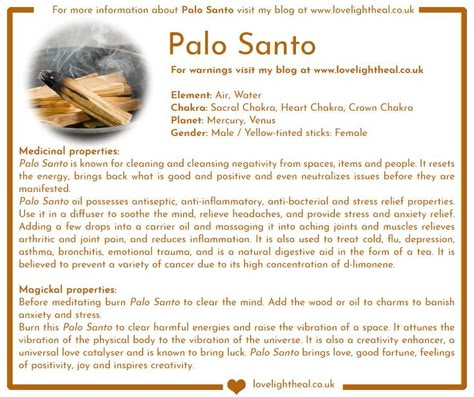 Information about Palo Santo's healing and magickal properties Palo Santo Magical Properties, What Is Palo Santo, Paulo Santo Smudging, White Sage Magical Properties, Sandlewood Incense Meaning, Sandalwood Magical Properties, Pablo Santo Wood Benefits, Vanilla Magical Properties, Palo Santo Smudging Prayer