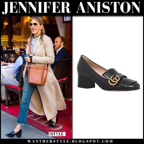 Jennifer Aniston in camel coat and black heel loafers #streetstyle #fashion #style #shoes #gucci #celebrity Heel Loafers Outfit Style, Block Heel Loafers Outfit, Loafer Pumps Outfit, Pumps Outfit Dress, Loafer Heels Outfit, Heel Loafers Outfit, Heeled Loafers Outfit, Gucci Marmont Pump, Block Heels Outfit