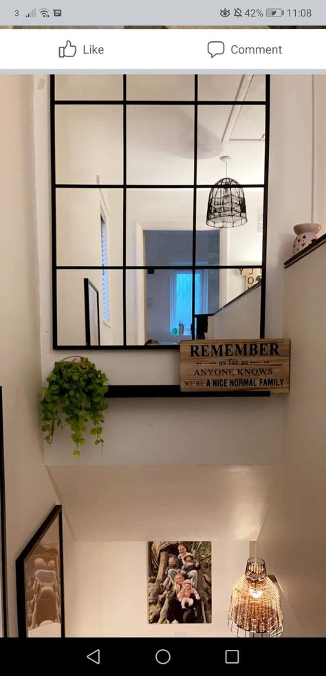 Mirror In Stairwell, Narrow Landing Ideas Upstairs, Landing Stairs Ideas, Landing Wall Decor, Landing Decor Upstairs, Upstairs Hallway Ideas Landing, Stairway Mirror, Small Landing Ideas, Small Landing Ideas Upstairs