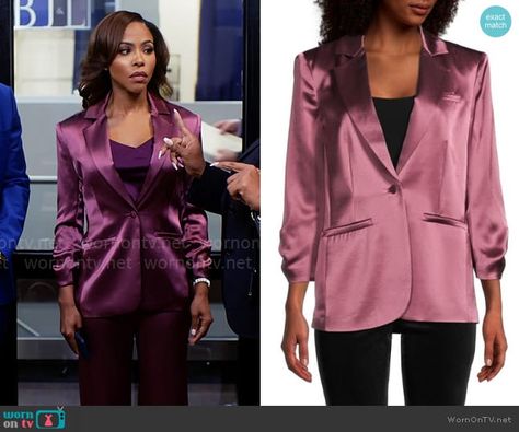 Andi’s purple satin suit on Tyler Perrys Sistas.  Outfit Details: https://wornontv.net/447638/ Andi Sistas, Kj Smith, Satin Suit, Kimmy Schmidt, Unbreakable Kimmy Schmidt, Lilly Singh, Tyler Perry, Housewives Of Atlanta, Housewives Of New York