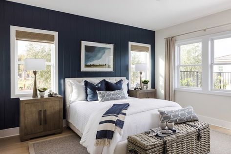 ::: — Real Design Pros Cozy Farmhouse Bedroom, Ocean Bedroom, Navy Blue Bedrooms, Nautical Bedroom, Living Room Wall Color, Blue Accent Walls, Modern Farmhouse Bedroom, Bedroom Wall Colors, Accent Wall Bedroom