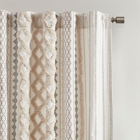 INK+IVY Imani Cotton Printed Curtain Panel with Chenille Stripe and Lining - On Sale - Bed Bath & Beyond - 33448251 Rideaux Boho, Modern Drape, Striped Curtains, Farmhouse Curtains, Boho Curtains, Cotton Curtains, Curtains Living, Lined Curtains, Curtain Designs