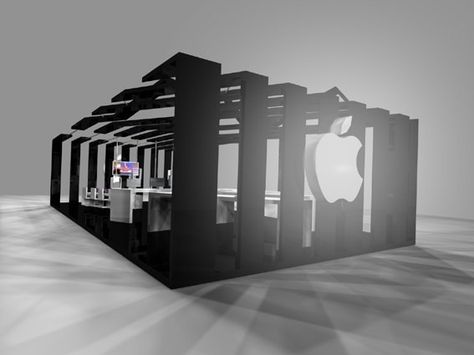 Render Apple Exhibition Stand Copyright ARH | Design+Interior Apple Booth Design, Apple Exhibition, Apple Store Design, Showcase Store, Kiosk Ideas, Beds For Small Spaces, R Design, Pavilion Design, Kiosk Design