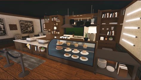 Bloxburg Hotel Kitchen Ideas, Bloxburg House Ideas Restaurant, Roblox Bloxburg Small Cafe Ideas, Bloxburg Bakery Interior Ideas, Cafe Kitchen Design Bloxburg, Blox Burg Restaurant, Bloxburg Restaurant Kitchen Ideas, Gym Build Bloxburg, Cafe Bloxburg Ideas Inside