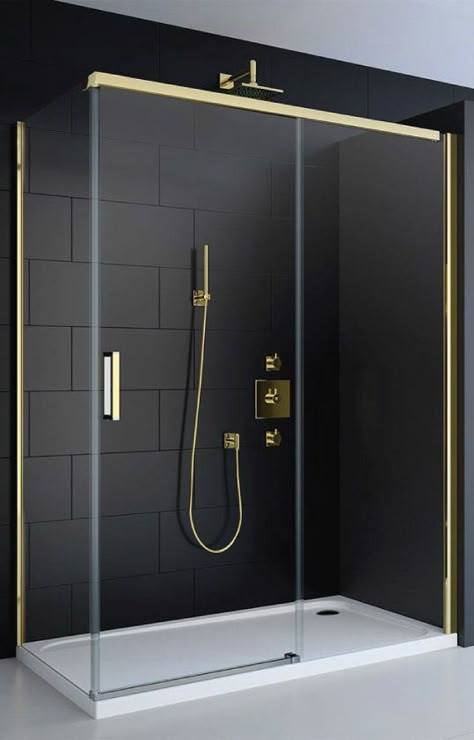 Instantly create a refined, opulent look with a black and gold wet room shower enclosure. Black And Gold Shower Bathroom, Gold Bad, Black And Gold Bathroom, Gold Room, Wet Room Shower, Shower Tiles, Shower Tile Designs, Wet Room, Decor Baie