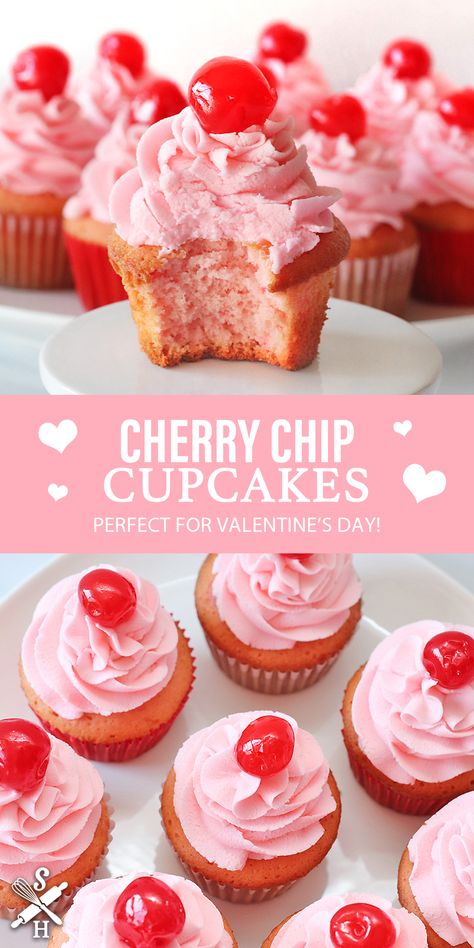 Cherry Chip Cupcakes, Pink Buttercream Frosting, Cherry Cupcakes Recipes, Cherry Chip Cake, Cupcakes From Scratch, Pink Buttercream, Cherry Cupcakes, Maraschino Cherries, Gourmet Cupcakes