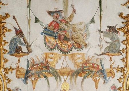 Christophe Huet (1700–1759), La Grande Singerie ('monkey tricks), Château de Chantilly, 1737 Chinoiserie Painting, Monkey Room, Mural Stencil, Chinoiserie Art, Chinoiserie Decorating, Monkey Art, Chinoiserie Chic, Painted Paneling, Rococo Style