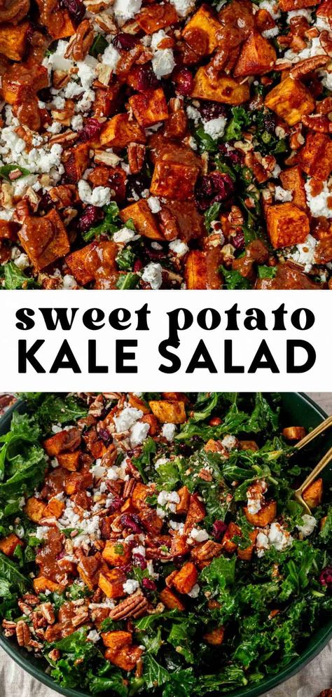 This Sweet Potato Kale Salad combines roasted sweet potatoes, massaged kale, dried cranberries, pecans, and creamy goat cheese, all drizzled with a cinnamon cashew butter dressing. Simple to prepare and packed with fall flavors, it's a perfect holiday side or nutritious lunch! Kale Sweet Potato Chicken, Kale Salad With Sweet Potato, Sweet Potato Goat Cheese Salad, Cranberry Goat Cheese Salad, Sweet Potato And Spinach Recipes, Kale Sweet Potato Recipes, Sweetgreen Salad Recipes, Sweet Potato Salads, Salad Recipes Kale