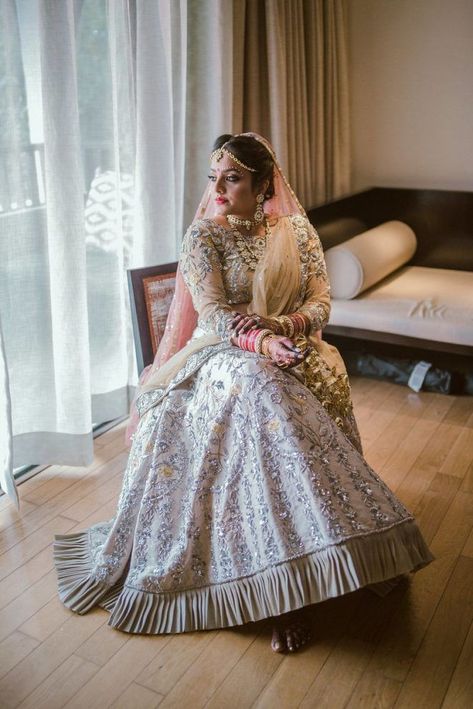 Pretty bridal lehenga with frills. See more on wedmegood.com  #wedmegood #indianwedding #indianbride #frilly #lehenga #lehengacholi #bridallehenga #bridallehengacholi Frill Lehnga Dress, Simple Bridal Lehenga, Frill Lehenga, Pakistani Engagement Dresses, Lehenga Blouses, Bridal Things, Nomi Ansari, Lehenga Jewellery, Ballroom Costumes