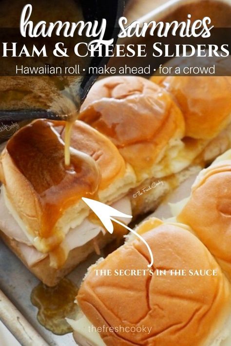 Make these easy Hawaiian Roll Baked Ham and Cheese Sliders for your next party and watch as your family and friends fight for seconds! Made with ham, Swiss cheese, Hawaiian rolls an amazing sauce, these are sure to be a hit at a party or game day gathering! Perfect for leftover ham. via @thefreshcooky | #hammysammies #sliders #holiday #leftovers #recipe Sliders For A Crowd, Oktoberfest Recipes, Sliders Recipes Hawaiian Rolls, Hawaiian Sliders, Ham And Swiss Sliders, Sliders Recipes, Ham Cheese Sliders, Ham Sliders, Hawaiian Roll Sliders