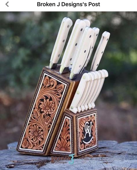 Western Kitchen Decor, Leather Artist, Knife Blocks, Leather Stamping, Leather Tooling Patterns, Tooling Patterns, Leather Stamps, Leather Crafts, Leather Projects