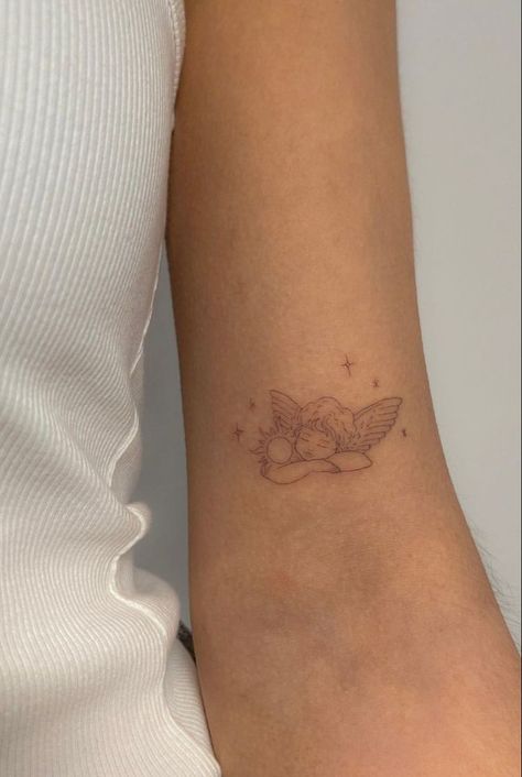 Cute Tattoo On Collar Bone, Innocence Tattoo Ideas, Dainty Pretty Tattoos, Young Hearts Run Free Tattoo, Tattoo That Represents Love, Fine Line Person Tattoo, Dainty Sticker Sleeve, Fineline Angel Tattoo, Light Grey Tattoo