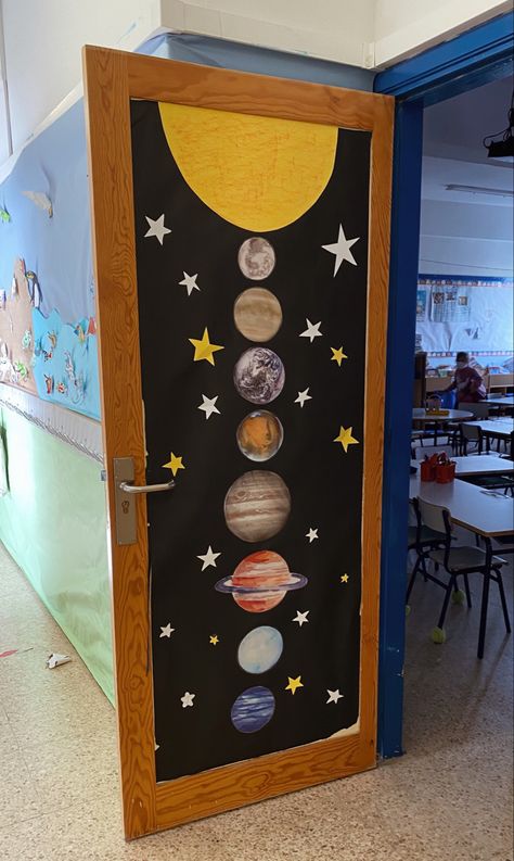 Planet Classroom Decorations, Solar System Decorations Classroom, Solar System Door Decorations Classroom, Planets Classroom Decor, Earth And Space Science Classroom Decor, Full Moon Crafts For Kids, Planet Classroom Theme, Space Classroom Theme Decor Ideas, Space Door Decorations Classroom