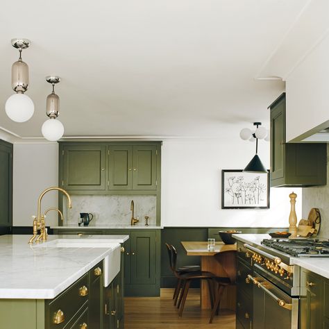 A comprehensive guide to all the kitchen companies you should know Green Kitchen Inspiration, Hampstead House, Green Kitchens, Devol Kitchens, Smitten Kitchen, Design Library, Green Cabinets, Shaker Kitchen, Hill House