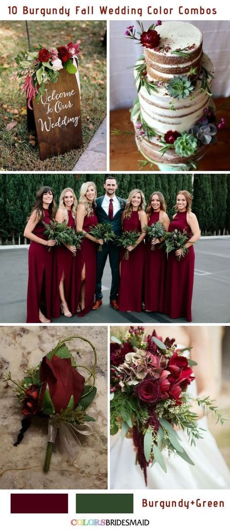 10 Popular Burgundy Fall Wedding Colors Combos. NO.5 Burgundy+Green #colsbm #weddings #weddingideas #burgundywedding Green Fall Weddings, Fall Wedding Color Schemes, Fall Wedding Color Palette, Wedding Color Combos, Wedding Color Trends, Spring Wedding Colors, Summer Wedding Colors, Fall Wedding Colors, Wedding Color Palette