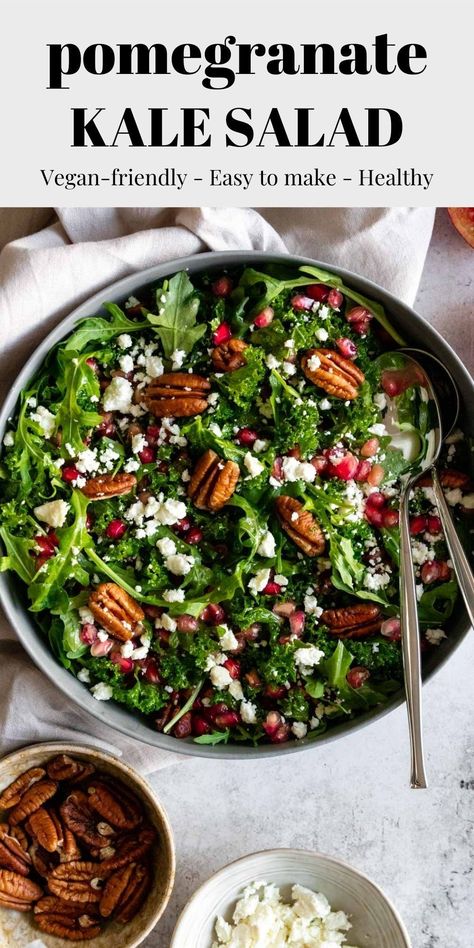 Vegan Pomegranate Salad, Winter Salad Vegetarian, Vegetarian Christmas Salad, Winter Kale Salad With Pomegranate, Kale And Pomegranate Salad Recipes, Vegetarian Winter Salad, Winter Pomegranate Salad, Pommegrenade Salad, Kale Salad Pomegranate