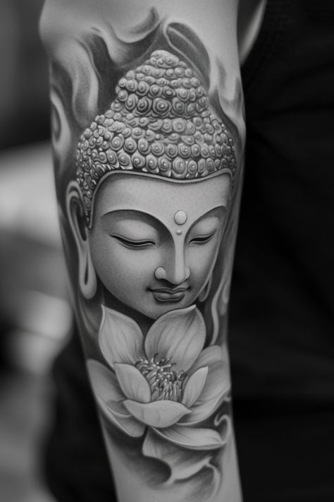 Buddha head and lotus flower tattoo on an arm. Sacred Lotus Tattoo, Buddha Tattoo Sleeve Women Lotus Flowers, Lady Buddha Tattoo, Buddha Lotus Tattoo, Laughing Buddha Tattoo, Buddhist Symbol Tattoos, Buddha Tattoo Sleeve, Buddha Tattoo Ideas, Buda Tattoo