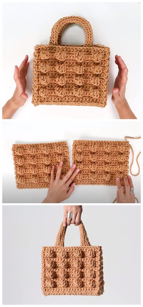 Bobble stitch Crochet Square Tote bag - Crochet Kingdom Crochet Kingdom, Bobble Stitch Crochet, Crochet Box, Free Crochet Bag, Crochet Bag Tutorials, Crochet Bag Pattern Free, Bag Pattern Free, Crochet Handbag, Stitch Crochet