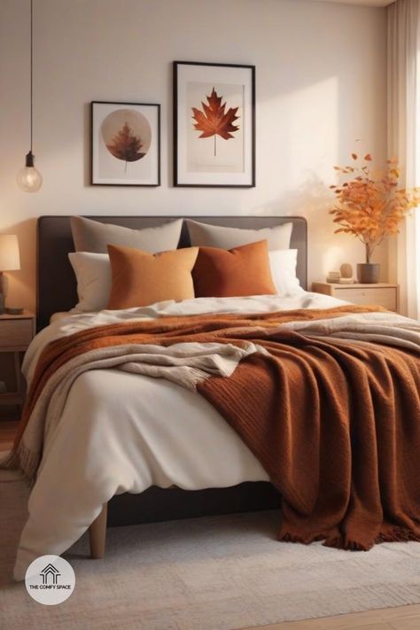 Explore ways to use fall-themed throw blankets and pillows to create a warm and inviting bedroom atmosphere.#FallDecor #BedroomInspo #CozyVibes #HomeDecor #AutumnStyle Cream And Grey Bedroom, Burnt Orange Bedroom, Bed Pillow Arrangement, Bedroom Atmosphere, Inviting Bedroom, Orange Bedroom, Blankets And Pillows, Bedroom Orange, Pillow Arrangement