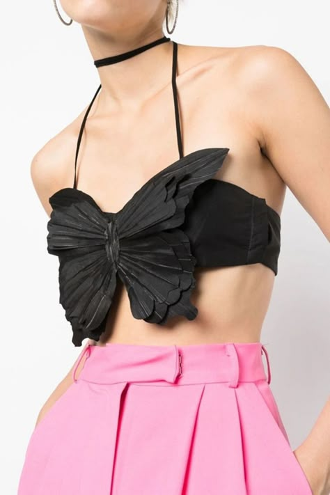 3D Butterfly halterneck crop top from BLUMARINE featuring black, silk blend, a halterneck tie fastening, boned bodice, rear hook fastening, and cropped Length. #black #top #butterfly Blumarine Butterfly, Artistic Outfits, Fancy Crop Top, Top Pattern Sewing, Butterfly Clothes, Diy Denim Jacket, Crop Top For Women, Crop Tops Online, Boned Bodice