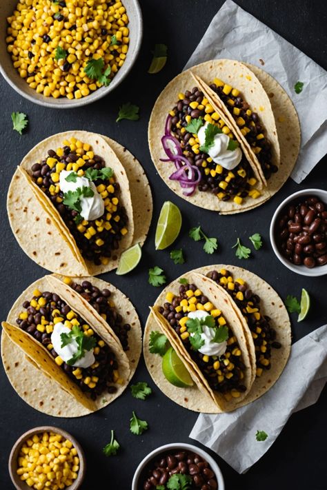 A photo of a  Black Bean and Corn Vegan Tacos which is a type of vegan tacos Vegan Tacos Recipes, Black Bean And Corn, Corn Taco, Veggie Tacos, Vegan Tacos, Vegetarian Meal, Taco Recipes, Taco Tuesday, Black Bean