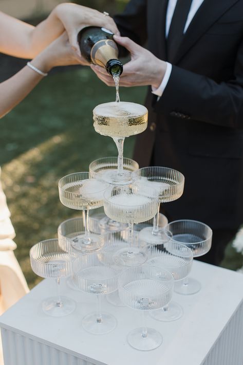 Wedding champagne tower Champagne Tower Wedding Diy, Champagne Tower How To, Champagne Wedding Tower, Prosecco Tower Wedding, Outdoor Champagne Tower, Small Champagne Tower Wedding, Champagne Pour Wedding, Champagne Tower Small, Diy Champagne Tower