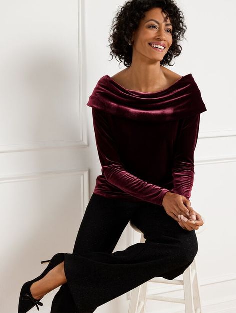 Off-The-Shoulder Velvet Top Velvet Tops Outfit, Holiday Party Pants, Stretch Velvet Top, Red Dress Pants, Velvet Top Long Sleeve, Long Tee Shirts, Clothes For Women Over 50, Shoulder Stretch, Party Pants