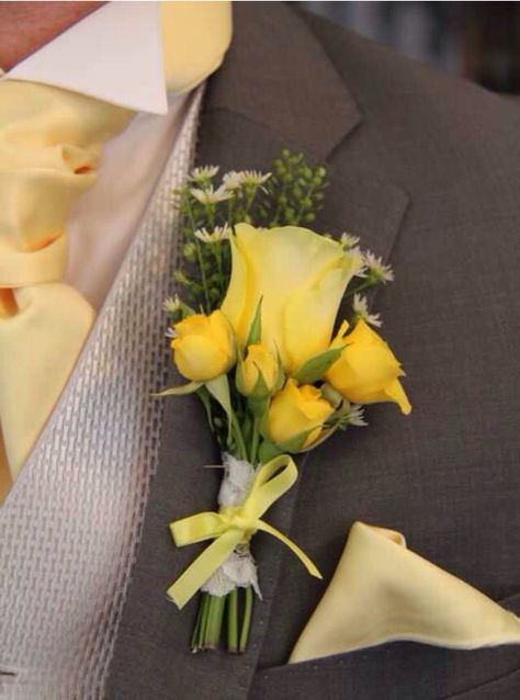 Hubby's flowers but with little pink roses Yellow Buttonholes Wedding, Yellow Prom Flowers, Yellow Corsage, Flowers Yellow Roses, Wedding Flowers Yellow, Yellow And White Wedding, Yellow Rose Wedding, Yellow Boutonniere, Yellow Wedding Inspiration