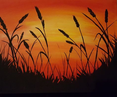 Acryllic paint on canvas. Easy to do, blend layers of reds/yellows from bottom up. Let dry, then paint black grass on top.... Simple, country, rustic, wine and paint style. Farm Canvas Painting Easy, Acrylic Painting Western, Country Sunset Painting, Easy Country Painting Ideas, Simple Country Painting Ideas, Simple Landscapes To Paint, Country Painting Ideas Easy, Canvas Painting For Grandma, Easy Western Painting Ideas On Canvas