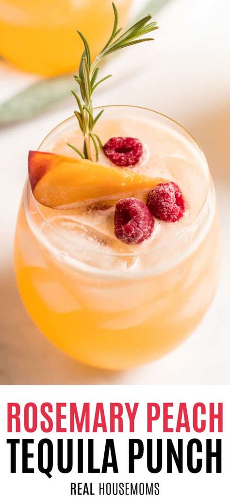 Best Tequila Drinks, Peach Cocktail Recipe, Tequila Punch, Tequila Drinks Recipes, Cocktail Recipes Tequila, Vodka Recipes Drinks, Alcoholic Punch Recipes, Rosemary Syrup, Peach Vodka