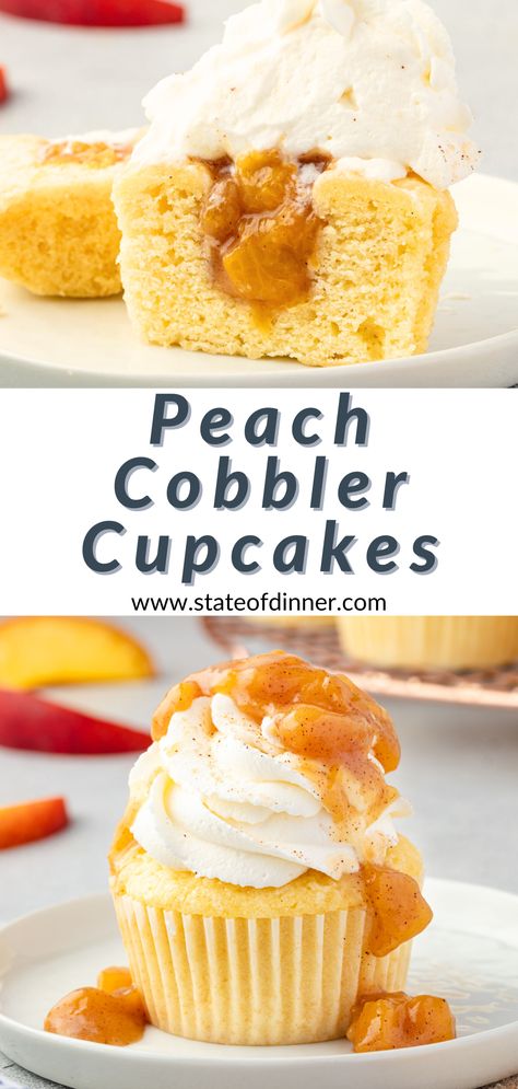 Two images of the cupcakes, the one on bottom is the whole cupcake with peach cobbler filling dripped over the top, and the top cupcake is cut in half showing the filling on the inside. Strawberry Pretzel Cupcakes, Fresh Peach Cupcakes, Peach Cobbler Cupcakes Yellow Cake Mixes, Pecan Pie Filling For Cupcakes, Peach Cream Cheese Cupcakes, Peach Cupcakes With Peach Buttercream, Peach Cobbler Cupcake Recipe, Peach Filled Cupcakes, Interesting Cupcake Recipes