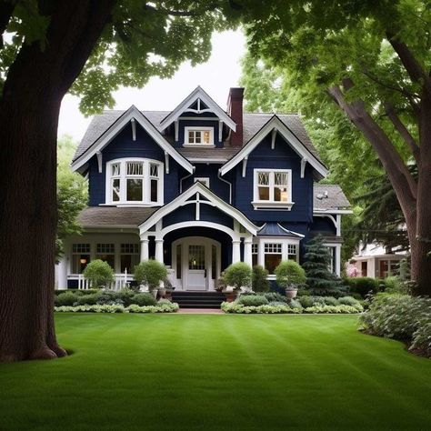 American Traditional House Exterior, Massachusetts House Exterior, Middle Class Suburban House, Two Houses Next To Each Other, Medium Size Homes, Outside Look Of House, Old Homes Exterior, Craftmans Style House Exterior Paint, Navy Blue House Exterior With Cedar