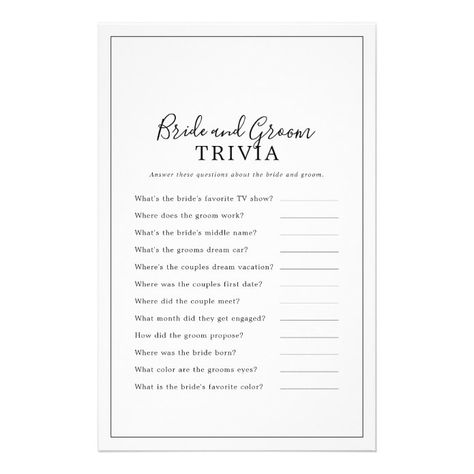 Bride And Groom Trivia, Trivia Poster, Rustic Bride And Groom, Wedding Shower Activities, Wedding Trivia, Rose Gold Bride, Simple Bridal Shower, Rustic Bride, Minimalist Bride