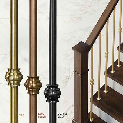 COLOURED STAINLESS STEEL COLLECTION! Gold Spindles Staircase, Gold Railings For Stairs, Bronze Railing Stairs, Gold Stair Balusters, Railing Colour Ideas, Metal Staircase Railing, Metal Stair Spindles, Stainless Steel Stair Railing, Iron Stair Balusters