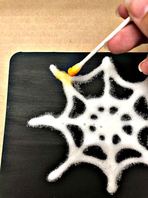 A spider web painting can be made with glue and salt. Once dried paint the salt with a q-tip and acrylic paint. Spider Web Painting, Web Painting, Black Construction Paper, Q Tip, Construction Paper, Spiders, Story Time, Spider Web, Black Paint