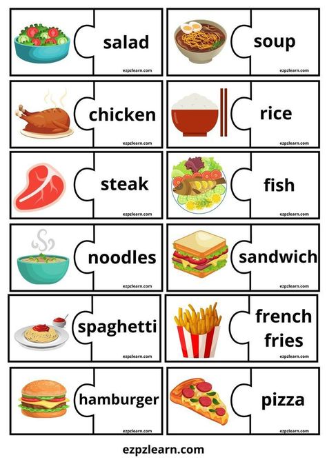 English Vocabulary Games, Dominoes Game, Free Printable Puzzles, English Worksheets For Kindergarten, Homeschool Preschool Activities, Food Vocabulary, Free Games For Kids, English Activities For Kids, Learning English For Kids