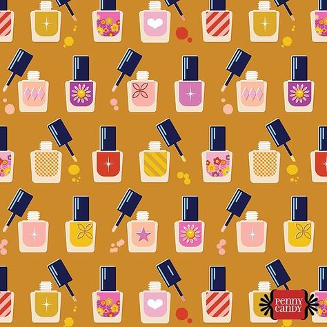 amy on Instagram: “I finished this one just in time for Beautician’s Day today! 💅 ‘Lustre’ features imaginary bottles of nail polish for your dream mani/pedi,…” Nail Polish Graphic Design, Nail Polish Bottle Design, Polish Graphic Design, Polish Pattern, Nail Polish Bottle, Penny Candy, Conversational Prints, Nail Polish Bottles, Pattern Inspiration