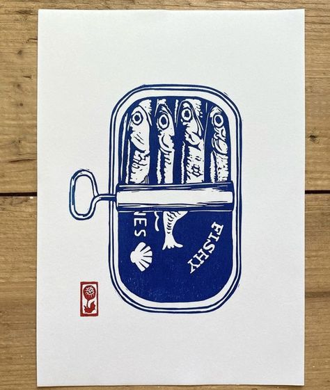 Inspo Drawing, Canned Fish, My To Do List, Linocut Printmaking, Lino Art, Linocut Art, Downloadable Prints, Retro Wall Decor, Fish Print