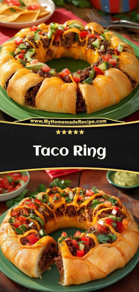 This taco ring is a fun and delicious way to serve tacos, wrapped in crescent rolls and baked to perfection. Great for parties! Ingredients: 1 lb ground beef, cooked and seasoned 1 can crescent roll dough 1 cup shredded cheddar cheese ½ cup salsa Serve this taco ring with sour cream and guacamole for dipping Taco Croissant Ring, Taco Ring With Crescent Rolls Pillsbury, Crescent Taco Ring, Taco Ring With Crescent Rolls, Crescent Roll Taco Ring, Taco Crescent Ring, Taco Ring Recipe, Taco Recipes Ground Beef, Taco Ring