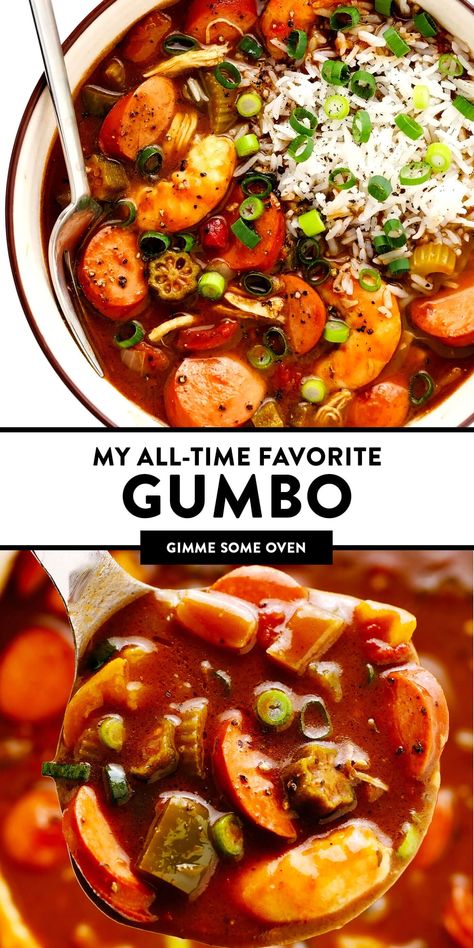 This Creole-style gumbo recipe is made with a richly-flavored dark roux, your choice of proteins (chicken, sausage and/or seafood), lots of veggies, and served over rice. So hearty, rich, and delicious! | gimmesomeoven.com #gumbo #soup #stew #creole #cajun #neworleans #mardigras #rice #dinner Soup Recipes Gumbo, Cheap Gumbo Recipe, Chicken Sausage Shrimp Okra Gumbo, Ground Beef Gumbo Recipe, Gumbo Without Seafood, Sausage Chicken Shrimp Gumbo, Chicken Sausage And Shrimp Gumbo Easy Recipes, Gumbo Recipe Authentic Chicken And Sausage, Dutch Oven Gumbo Recipes