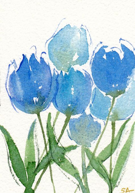 Loose Watercolor Paintings, Tulip Painting, Tulips Art, Watercolor Tulips, Blue Artwork, Watercolor Paintings For Beginners, Blue Tulips, Diy Watercolor Painting, Watercolor Paintings Easy