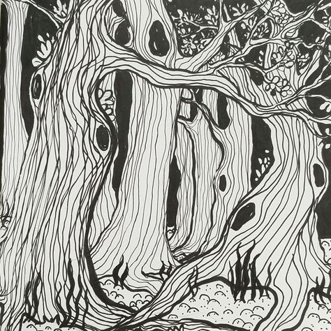 An old forest, ink drawing by me. @kuvittelen Ink Digital Art, Ink Line Art Illustrations, Trees Aesthetic Drawing, Aesthetic Forest Drawing, Forest Aesthetic Drawing, Forrest Drawing Simple, Magic Forest Drawing, Woods Drawing Forests, Simple Forest Drawing