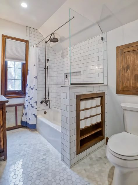 white-on-white-bathroom-with-wood-storage Tudor Bathroom, Restroom Remodel, Bathroom Redesign, Bathroom Remodel Designs, Bathroom Remodel Shower, Upstairs Bathrooms, Bathroom Redo, Tiny Bathroom, Bathroom Layout