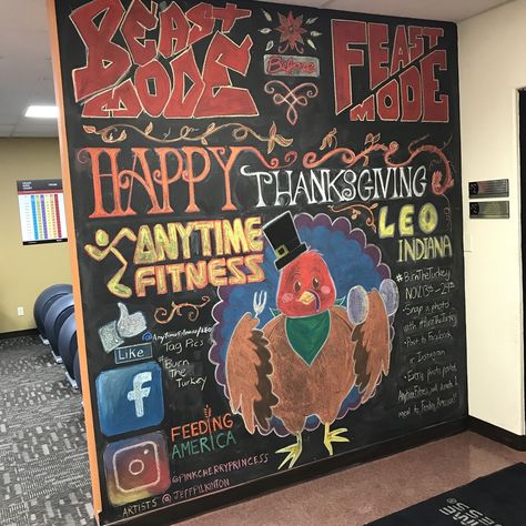 Anytime Fitness Chalkboard Art. This was created to help "Feeding America" Happy Thanksgiving Chalk Art Thanksgiving Gym Chalkboard, Gym Chalkboard Ideas, Anytime Fitness Chalkboard, Thanksgiving Chalk Art, Thanksgiving Chalkboard Art, Thanksgiving Chalkboard, Bullet Crafts, Fitness Board, Gym Chalk