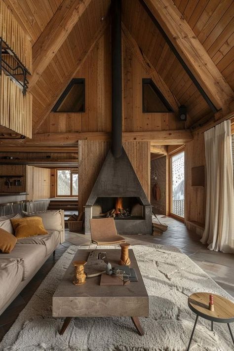 A Frame Cabin Fireplace, Modern A Frame Interior, Wood Stacking Ideas Indoor, Alpine House Design, A Frame House Interior Design, A Shape Cabin, A Frame Design Ideas, A Frame Remodel, A Frame Bungalow