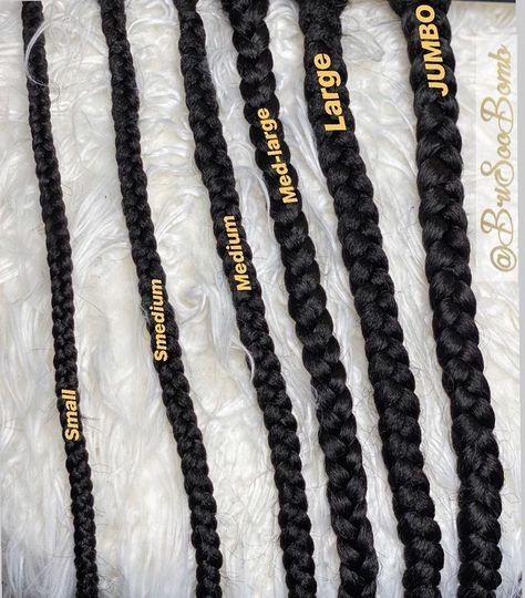 Different Box Braid Sizes, Braid Sizes Chart, Different Braid Sizes, Different Type Of Braids For Black Women, Different Size Braids, Smedium Braid Chart, Box Braids Types, Box Braid Length Chart, Knotless Box Braids Sizes