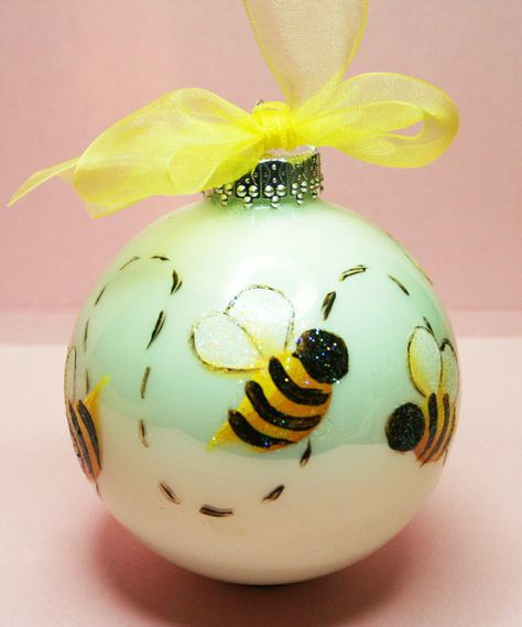 Christmas Bees, Bee Things, Bee Bee, Painted Ornament, Bee Inspired, Bumble Bees, Glass Ball Ornaments, Painted Christmas Ornaments, White Ornaments