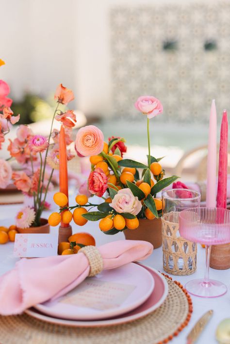 Cinco de Mayo Party Ideas with Recipes & Drinks | 100 Layer Cake Pink Orange Tablescape, Pink Orange Dinner Party, Red Pink Orange Tablescape, Pink And Orange Hens Theme, Pink Yellow Orange Table Setting, Butterfly Garden Party, Peonies Centerpiece, Table Setting Inspiration, Wedding Venue Decorations