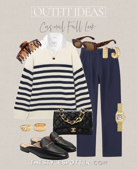 Navy Pants Outfit Women, Flap Bag Outfit, Chanel Flap Bag Outfit, Knit Jacket Outfit, Navy Sweater Outfit, Navy Pants Outfit, Striped Sweater Outfit, Patch Outfit, Casual Fall Outfit